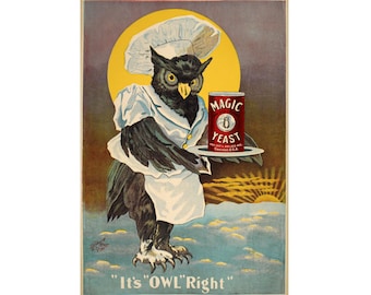 Vintage owl kitchen poster, Chef art, Baker art, Bakery art, Kitchen wall art, Vintage kitchen decor, Kitsch kitchen, Vintage advertising