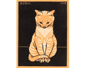 Vintage orange cat art print, Antique cat wall art, Art nouveau animal, Cat woodcut, Animal block print, Tiger striped cat, Tabby cat