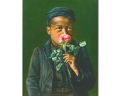 African American boy fine art print, Child smelling a rose, Black child portrait, People of color, Antique oil painting, Vintage wall art