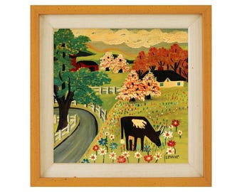 Cow in Springtime, Maud Lewis art print, Midcentury animal painting, Farm wall art, Canadian folk artist, Cows, Flowers, Retro sixties