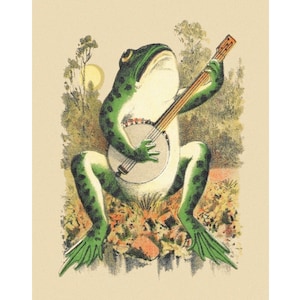 Cute vintage frog art print, Frog playing banjo, Victorian animals, Anthropomorphic, Bathroom wall art, Nursery decor, Woodland wildlife