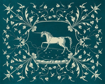 Antique unicorn art print, Vintage animal painting, 19th century, Medieval tapestry design, Unicorns wall art, Mythology, Magical, Fantasy