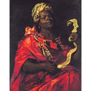 May include: A painting of a woman wearing a red robe and a yellow and white turban. She is holding a scroll with the word "Sicut" written on it.