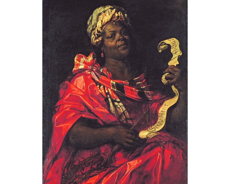 May include: A painting of a woman wearing a red robe and a yellow and white turban. She is holding a scroll with the word "Sicut" written on it.