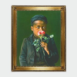African American boy fine art print, Child smelling a rose, Black child portrait, People of color, Antique oil painting, Vintage wall art Bild 12