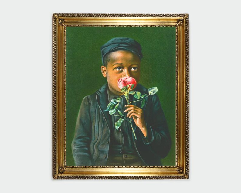 African American boy fine art print, Child smelling a rose, Black child portrait, People of color, Antique oil painting, Vintage wall art Bild 12