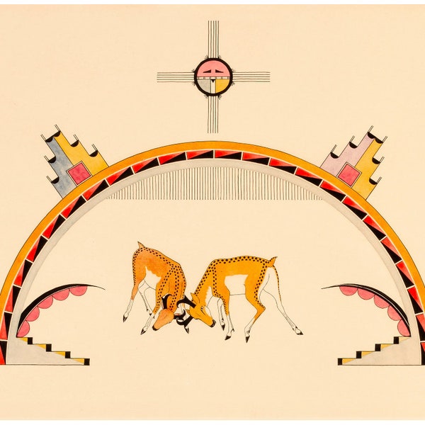 Sparring Antelopes, Awa Tsireh art print, Vintage southwestern wall art, Pronghorn antelope painting, Southwest design, Native American art
