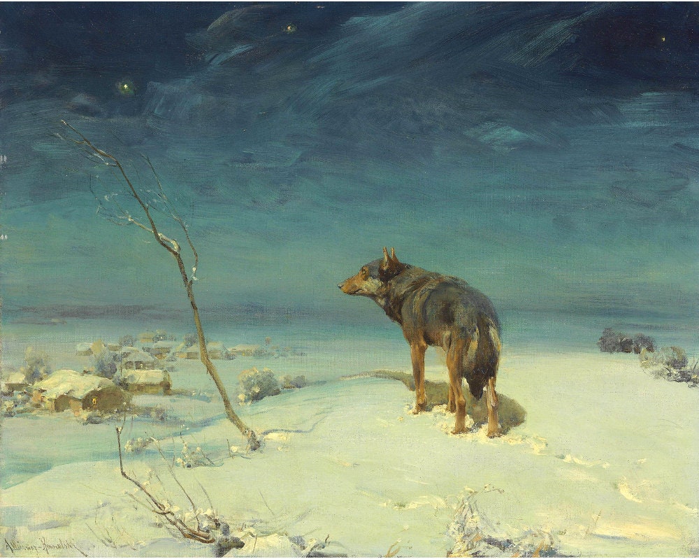 Antique Lone Wolf Painting Art Print, Alfred Wierusz-kowalski