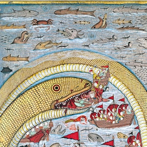 May include: A detailed illustration of a large, yellow sea serpent with a gaping mouth, swallowing a ship full of people. The serpent is surrounded by smaller fish and other sea creatures. The scene is set against a blue background with a golden border.