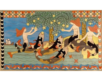 Impresión artística de tapiz de sirenas, pintura vintage de sirena, arte mural de estilo artesano, diseño artesanal, Art Nouveau, Náyades, Gerhard Munthe