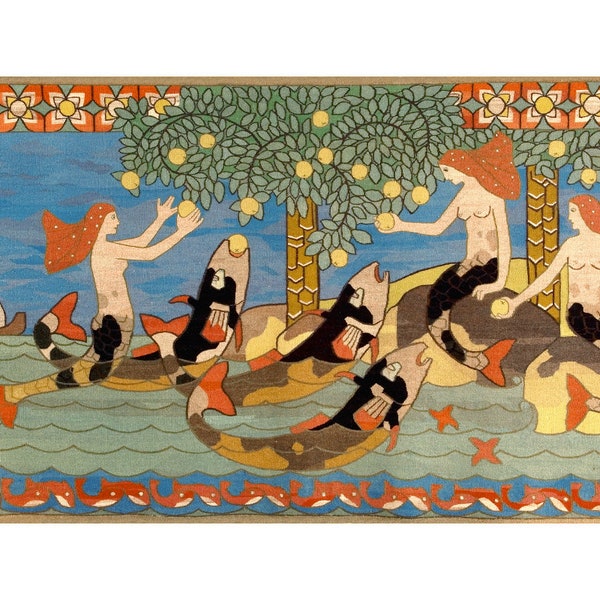 Mermaids tapestry art print, Vintage mermaid painting, Arts and crafts style wall art, Craftsman design, Art nouveau, Naiads, Gerhard Munthe