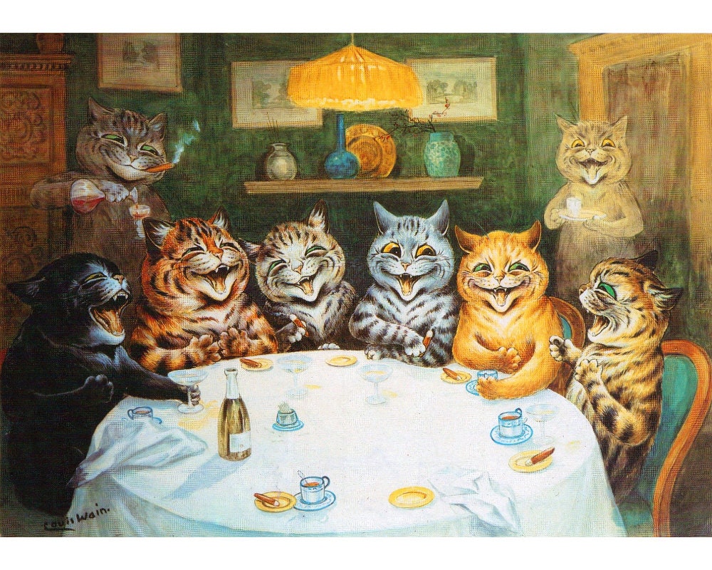 Party Cats Painting by Louis Wain Art Print, Cats Smoking Cigars