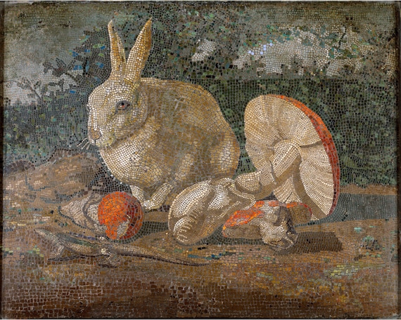 Antique rabbit art print, Vintage animal art, Mushrooms, Toadstool, Forest, Woodland, Wildlife art, Mosaic, Animal painting, Animal fine art