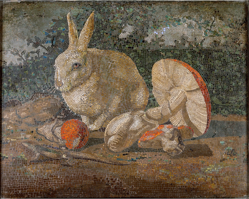 May include: A mosaic artwork depicting a white rabbit sitting next to two red and white mushrooms. The background is a green and brown mosaic.