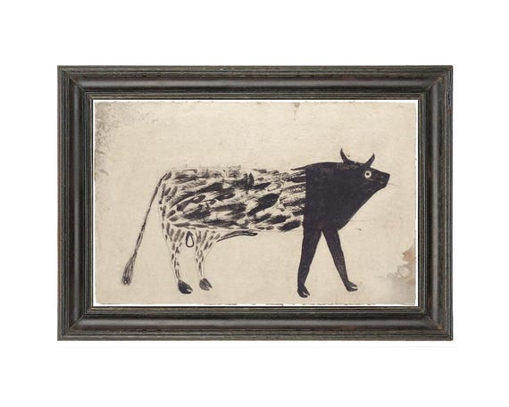 Bill Traylor bull painting, Modern black and white animal drawing, Vintage folk wall art, Americana art print, Primitive farm animal art