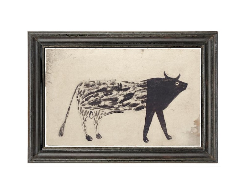 Bill Traylor bull painting, Modern black and white animal drawing, Vintage folk wall art, Americana art print, Primitive farm animal art image 1