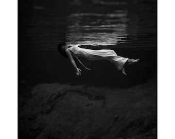 Floating woman by Toni Frissell art print, Underwater photography, Black and white, Weeki Wachee spring, Dark wall art, Elegant modern art