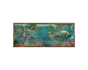 Antique Dinosaur painting art print, Marie Hubrecht, Vintage Paleoart oil painting, Jurassic period, Cretaceous, Prehistoric eras