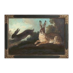 Vintage rabbits art print, Dark woodland animals, Antique French rococo painting, Jean-Baptiste Oudry, Wildlife wall art, Enchanted forest image 1