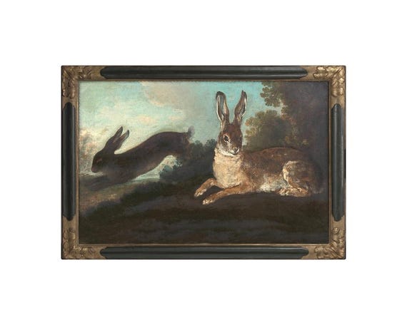 Vintage rabbits art print, Dark woodland animals, Antique French rococo painting, Jean-Baptiste Oudry, Wildlife wall art, Enchanted forest