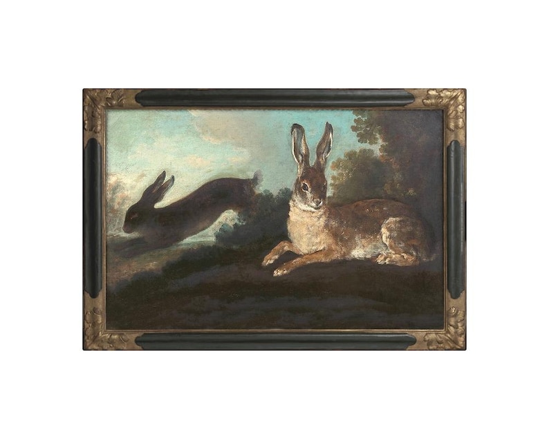 Vintage rabbits art print, Dark woodland animals, Antique French rococo painting, Jean-Baptiste Oudry, Wildlife wall art, Enchanted forest image 1