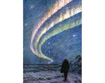 Northern Lights Art Print, Aurora Borealis Painting, Celestial