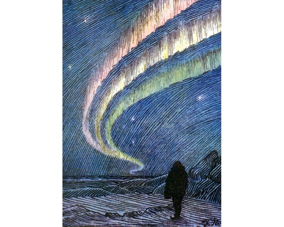 Northern Lights Art Print, Aurora Borealis Painting