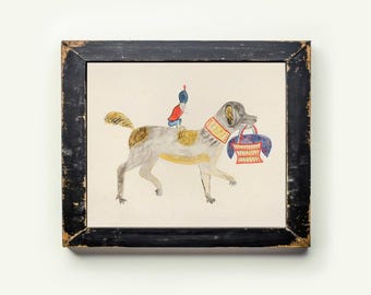 American folk art drawing, Monkey riding Dog art print, Strange animal wall art, 19th century Primitive Americana, Naive art, Outsider art