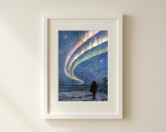 絵画 Aurora Northern Lights Art Print, Aurora Borealis Painting, Celestial