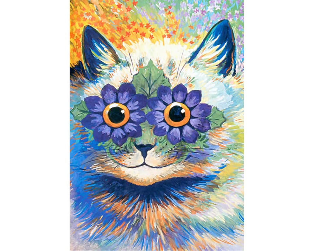 Louis Wain Psychedelic Red & Green Pet Cat Painting Fine Art Real Canvas  Print