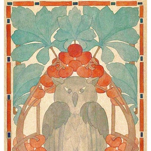 May include: A stylized illustration of an owl with a gray and brown color scheme, surrounded by red berries and green leaves. The owl is framed by a border of orange, blue, and black.
