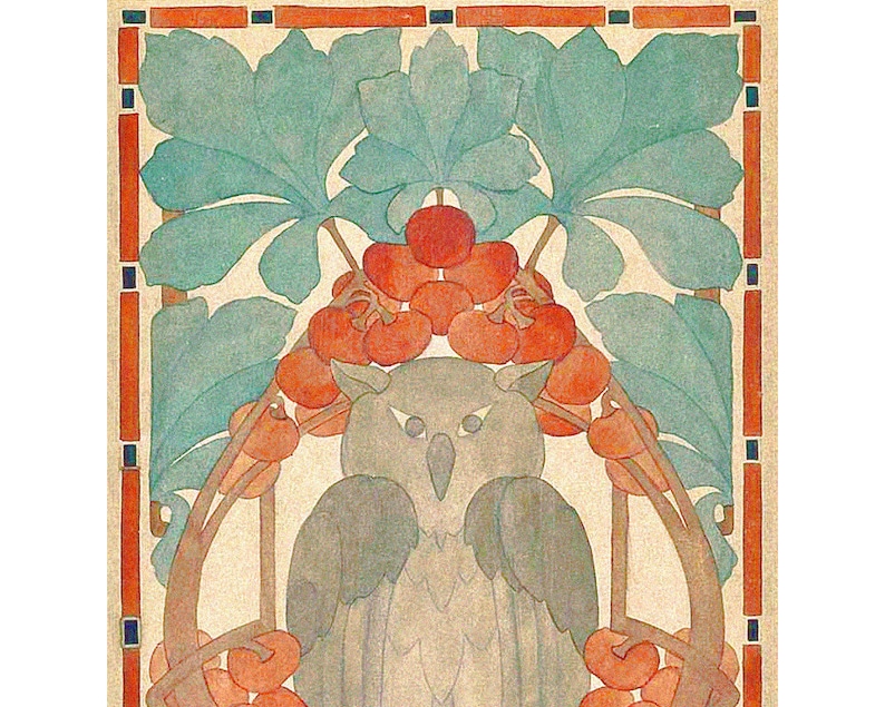 May include: A stylized illustration of an owl with a gray and brown color scheme, surrounded by red berries and green leaves. The owl is framed by a border of orange, blue, and black.