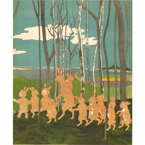 Lámina de Sibylle von Olfers, La historia de los niños conejo, Arte mural infantil de conejos, Lámina de niños del bosque, Arte de cuentos vintage