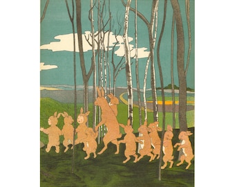 Lámina de Sibylle von Olfers, La historia de los niños conejo, Arte mural infantil de conejos, Lámina de niños del bosque, Arte de cuentos vintage