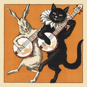 Vintage animal art print, Black cat and white rabbit playing banjos, Dancing, Anthropomorphic, Banjo music art, Victorian animals wall art