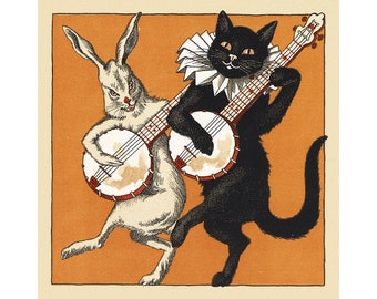 Vintage animal art print, Black cat and white rabbit playing banjos, Dancing, Anthropomorphic, Banjo music art, Victorian animals wall art