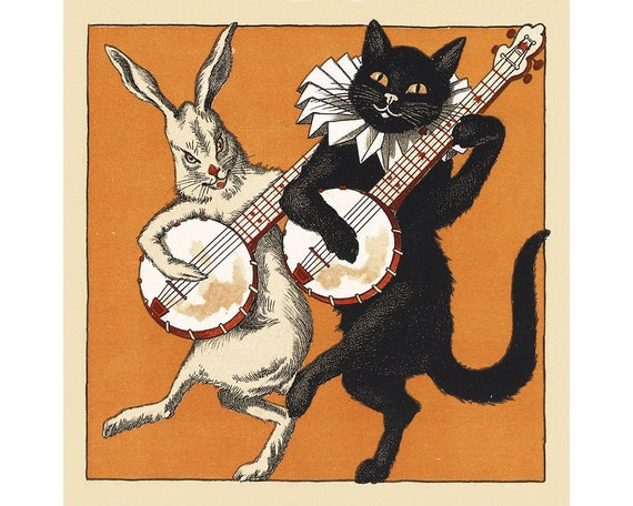 Vintage animal art print, Black cat and white rabbit playing banjos, Dancing, Anthropomorphic, Banjo music art, Victorian animals wall art