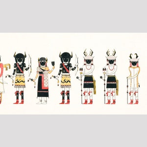 May include: A line of eight figures in traditional Native American regalia. The figures are painted in black, white, red, yellow, and blue. The figures are holding various objects, including bows and arrows, staffs, and drums. The figures are standing on a white background.