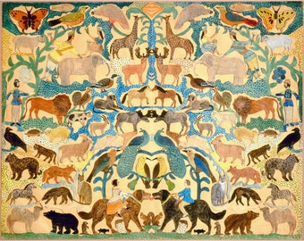 May include: A colorful painting depicting a variety of animals, including a giraffe, elephant, lion, deer, and birds. The animals are arranged in a symmetrical pattern, with a central tree trunk and branches extending outwards. The painting is done in a naive style, with bold colors and simple shapes.