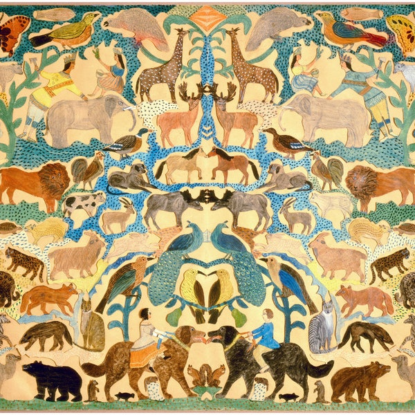 American folk art print, Antique paper cut art, Animals artwork, Unique animal art, Unusual animal art, Americana, Naive art, 19th century
