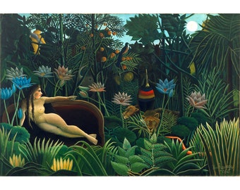 El sueño, impresión artística de Henri Rousseau, pintura de la jungla, bellas artes, mujer natural, odalisca, arte naif, arte primitivo, arte mural maximalista