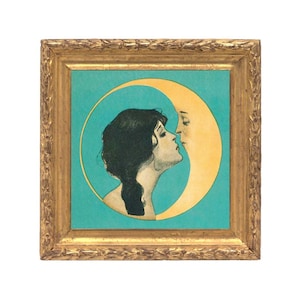 Vintage woman kissing moon art print, Man in the moon, Art nouveau, Art deco, Antique moon face, Crescent moon, Kiss, Dear old dixie moon