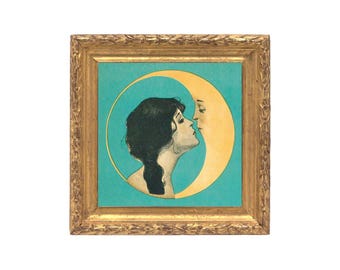 Vintage woman kissing moon art print, Man in the moon, Art nouveau, Art deco, Antique moon face, Crescent moon, Kiss, Dear old dixie moon
