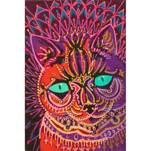 Psychedelic cat painting, Louis Wain kaleidoscope cat print, Outsider art, Naive art, Trippy wall art, Funky, Colorful vintage animal art
