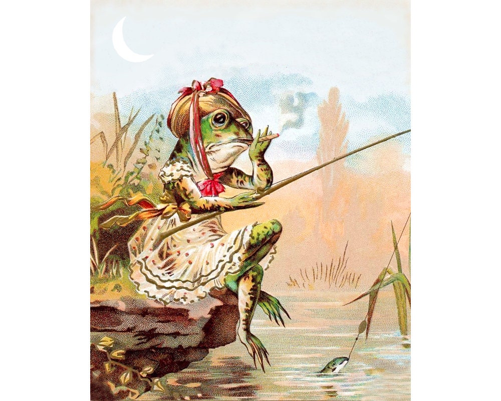 Vintage lady frog art print, Smoking cigar and fishing, Antique Victorian,  Funny animal wall art, Anthropomorphic, Kitsch, Frog painting