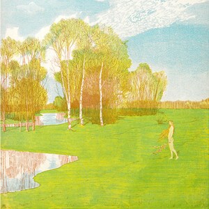 May include: A vintage woodblock print depicting a woman standing in a field with a stream and trees in the background. The woman has long flowing hair and is wearing a simple dress. The sky is blue with white clouds. The print is in shades of green, blue, and yellow.
