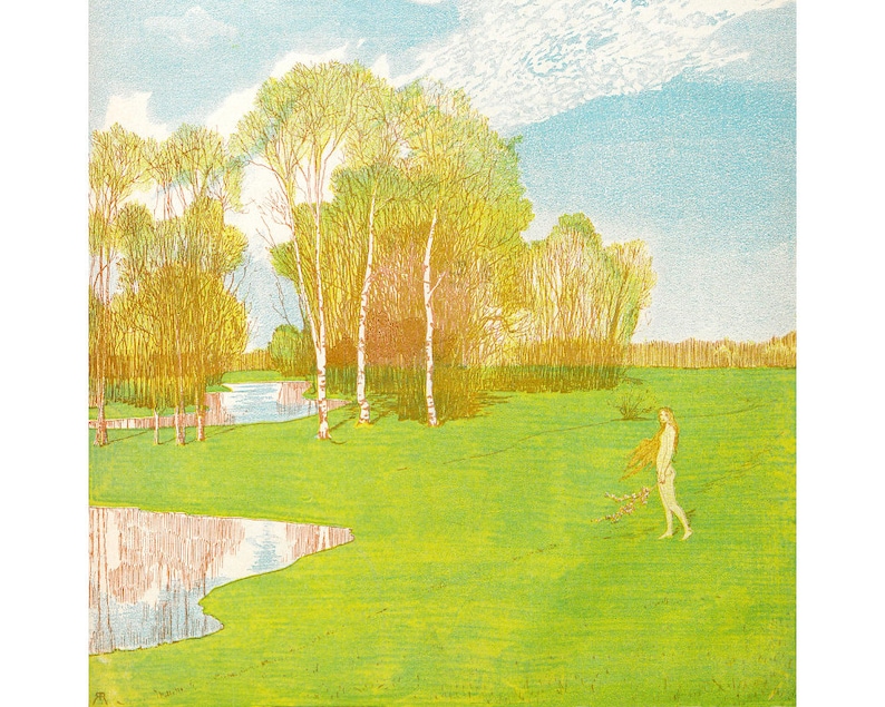 May include: A vintage woodblock print depicting a woman standing in a field with a stream and trees in the background. The woman has long flowing hair and is wearing a simple dress. The sky is blue with white clouds. The print is in shades of green, blue, and yellow.