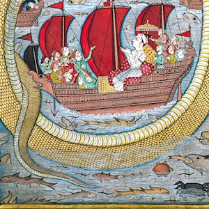 May include: A detailed illustration depicting a large, yellow snake with a red and brown ship sailing on its back. The ship is filled with people, and the snake is surrounded by smaller fish and a crab in a blue sea.