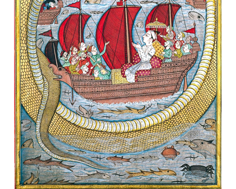 May include: A detailed illustration depicting a large, yellow snake with a red and brown ship sailing on its back. The ship is filled with people, and the snake is surrounded by smaller fish and a crab in a blue sea.