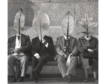Impresión artística de collage de hojas de otoño, retrato en blanco y negro, hojas de otoño, personas, collage de fotos, collage de papel, arte contemporáneo, arte original